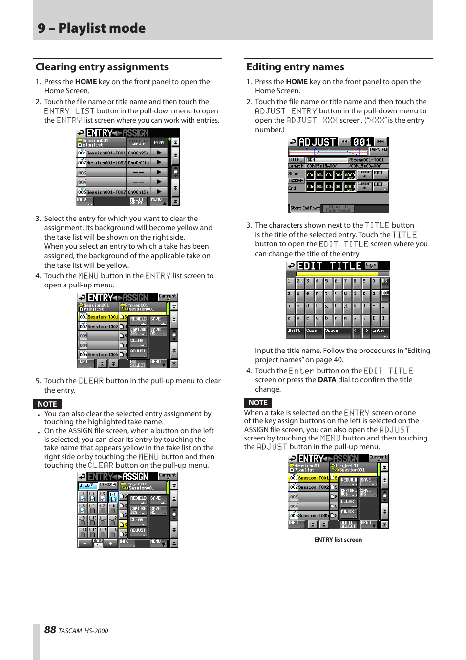 Clearing entry assignments, Editing entry names, 9 – playlist mode | Teac HS-2000 User Manual | Page 88 / 156