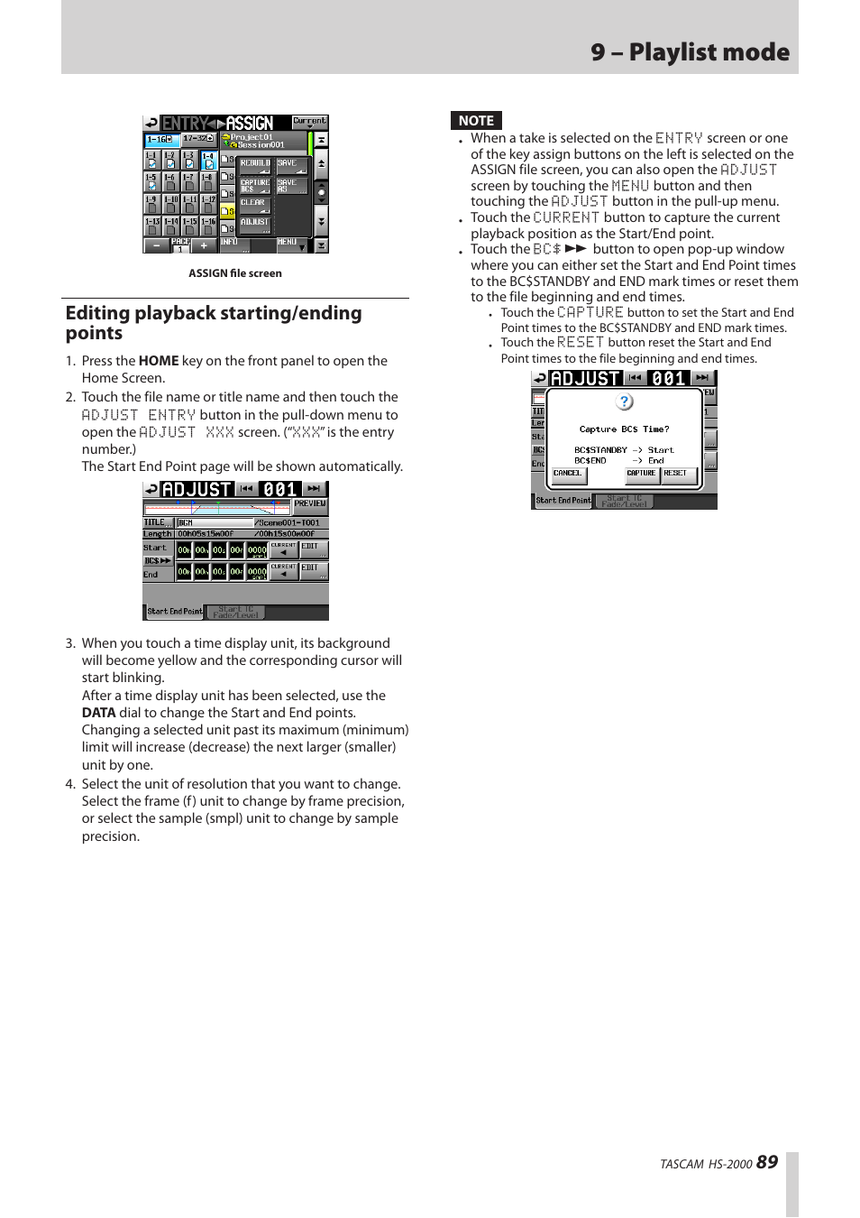 Editing playback starting/ending points, 9 – playlist mode | Teac HS-2000 User Manual | Page 89 / 156