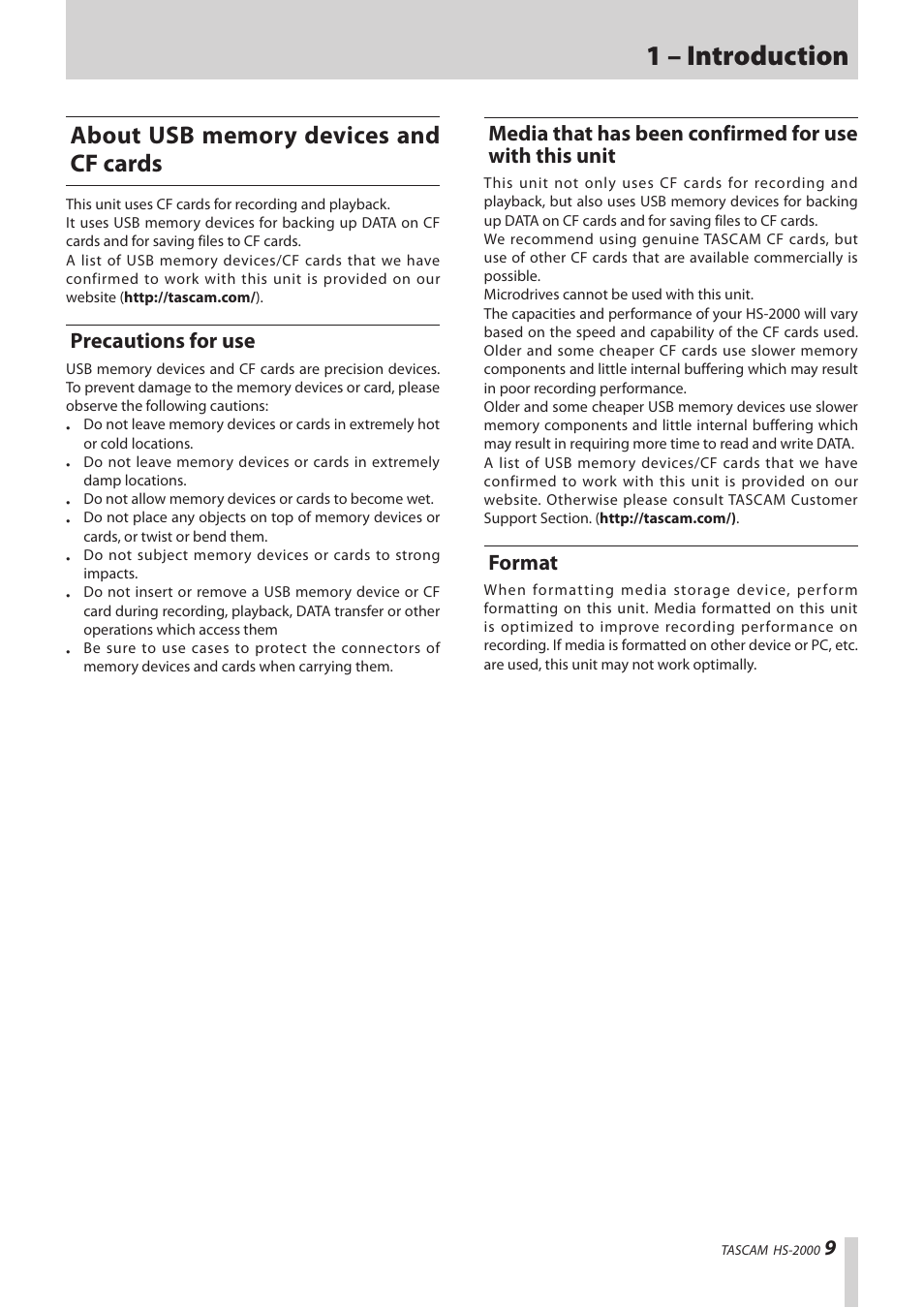 About usb memory devices and cf cards, Precautions for use, Format | Media that has been confirmed for use with this, Unit, 1 – introduction | Teac HS-2000 User Manual | Page 9 / 156