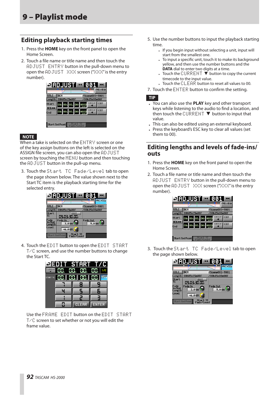 Editing playback starting times, Editing lengths and levels of fade-ins/outs, 9 – playlist mode | Editing lengths and levels of fade-ins/ outs | Teac HS-2000 User Manual | Page 92 / 156