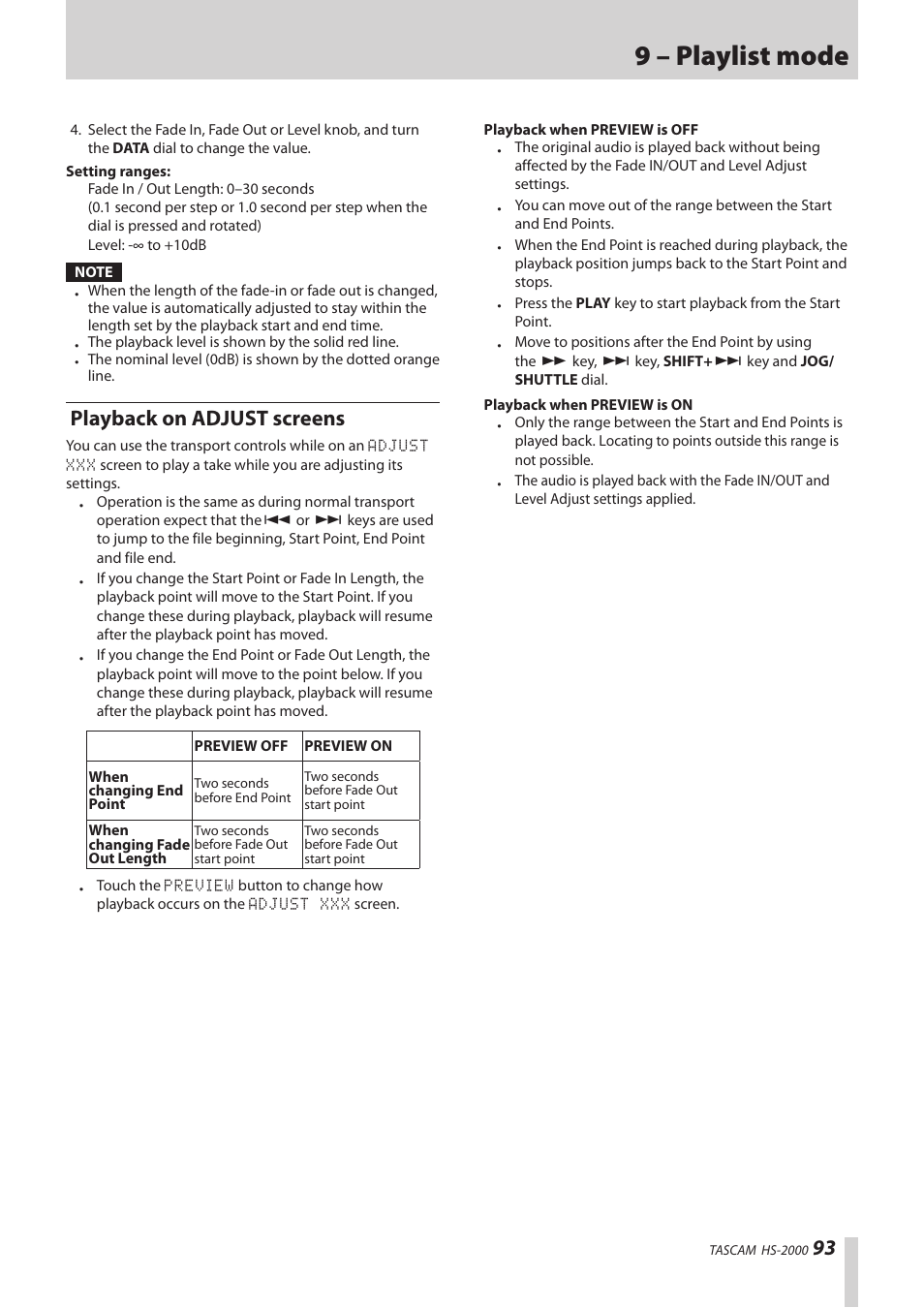 Playback on adjust screens, 9 – playlist mode | Teac HS-2000 User Manual | Page 93 / 156