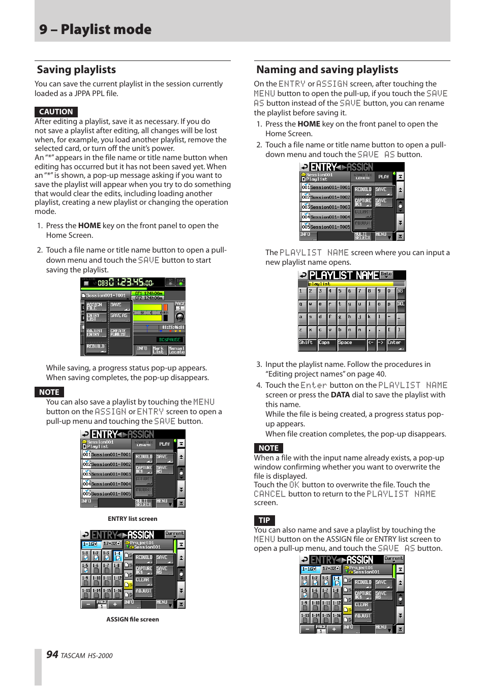 Saving playlists, Naming and saving playlists, 9 – playlist mode | Teac HS-2000 User Manual | Page 94 / 156