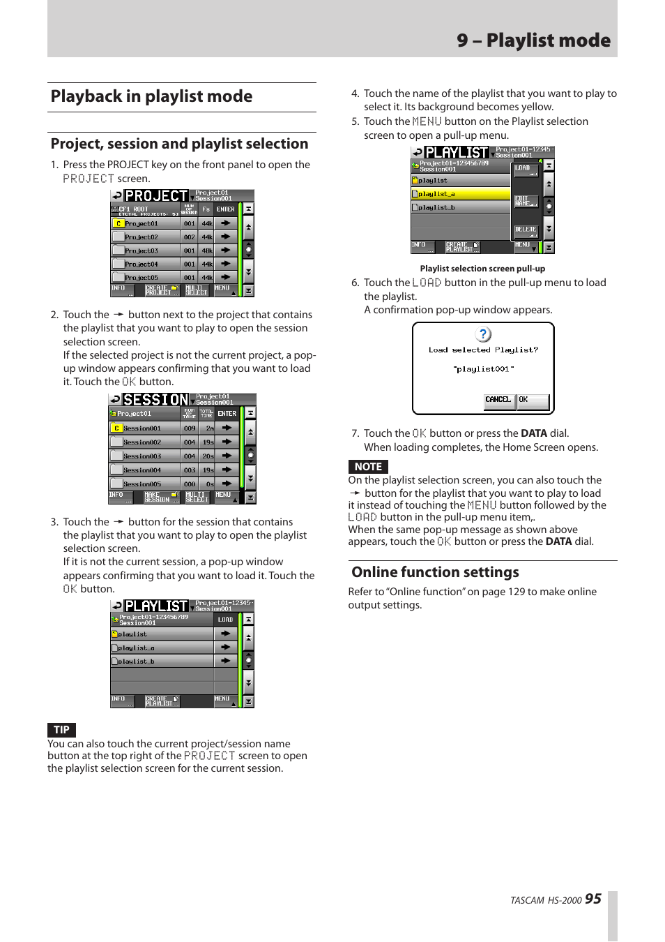 Playback in playlist mode, Project, session and playlist selection, Online function settings | 9 – playlist mode | Teac HS-2000 User Manual | Page 95 / 156