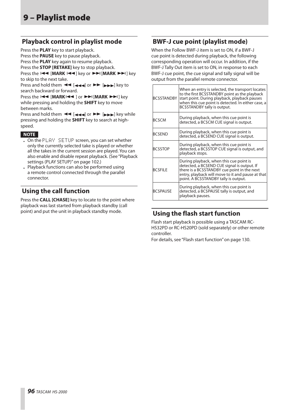 Playback control in playlist mode, Using the call function, Bwf-j cue point (playlist mode) | Using the flash start function, 9 – playlist mode | Teac HS-2000 User Manual | Page 96 / 156