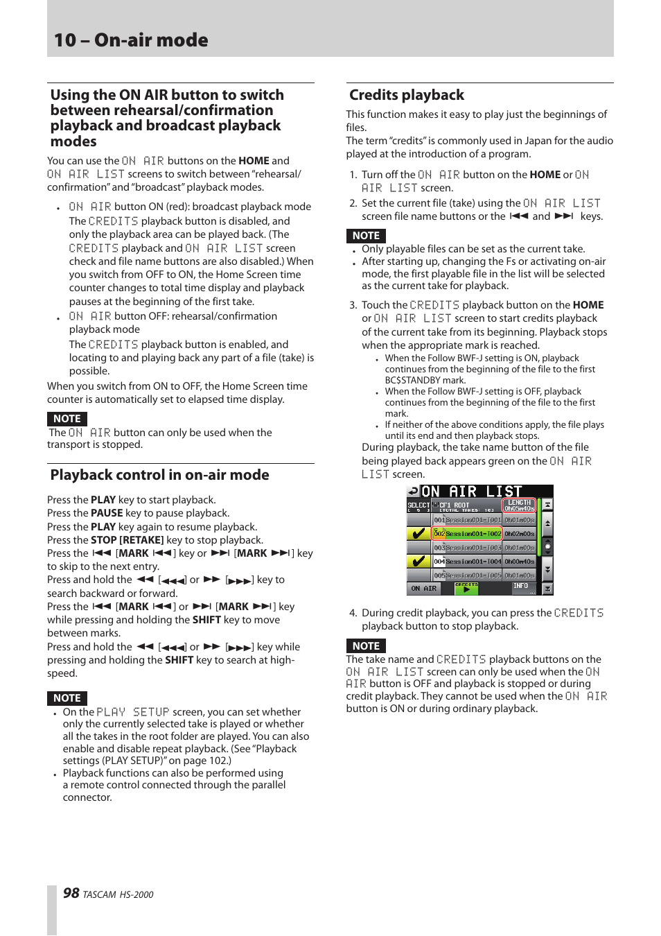 Playback control in on-air mode, Credits playback, Using the on air button to switch between | Rehearsal/confirmation playback and broadcast, Playback modes, 10 – on-air mode | Teac HS-2000 User Manual | Page 98 / 156