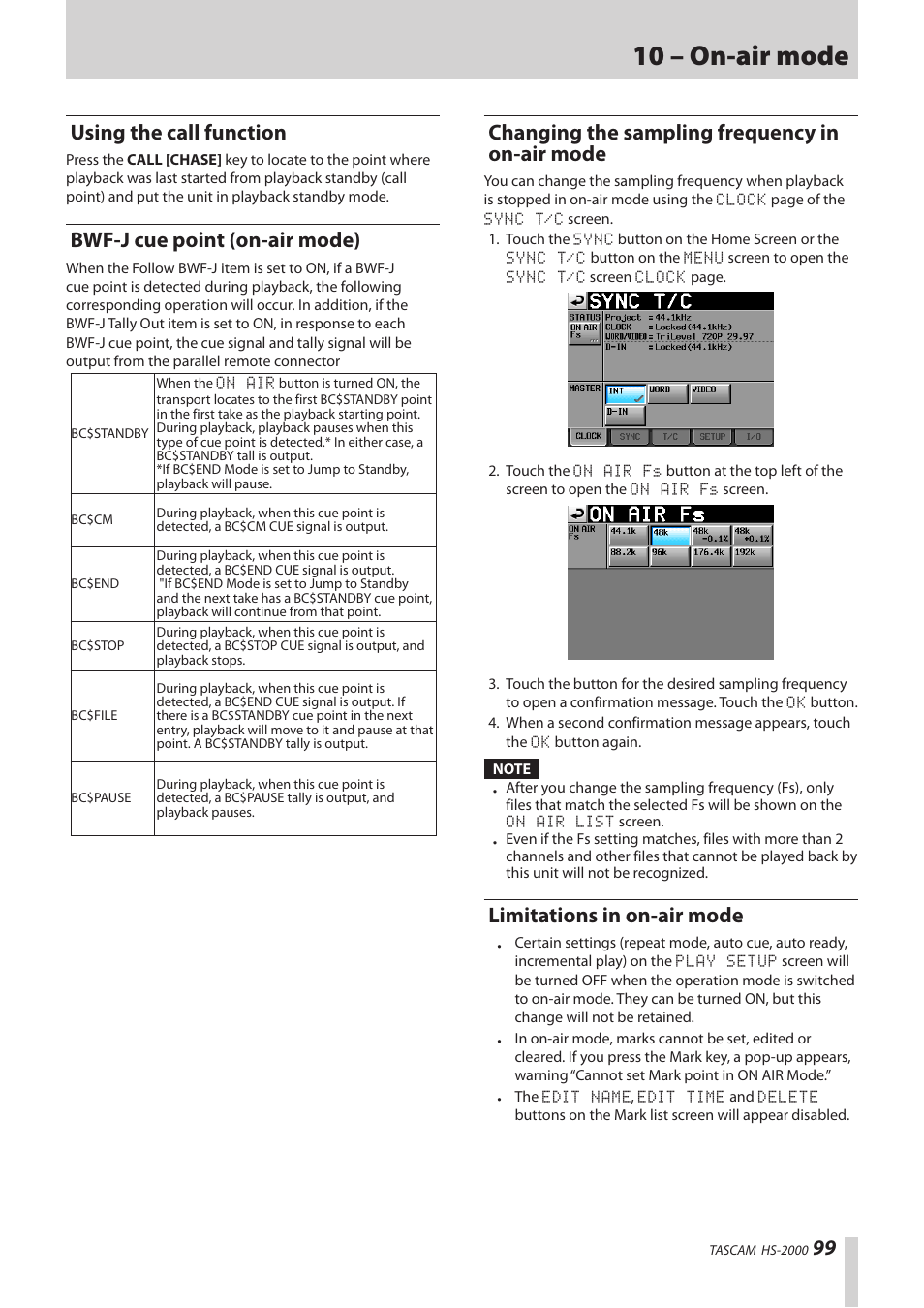 Using the call function, Bwf-j cue point (on-air mode), Changing the sampling frequency in on-air mode | Limitations in on-air mode, Changing the sampling frequency in on-air, Mode, 10 – on-air mode | Teac HS-2000 User Manual | Page 99 / 156