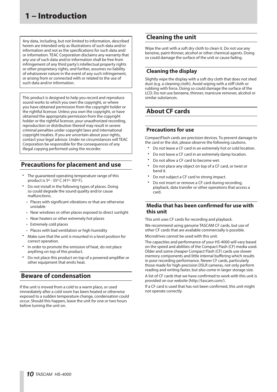 Precautions for placement and use, Beware of condensation, Cleaning the unit | Cleaning the display, About cf cards, Precautions for use, With this unit, 1 − introduction | Teac HS-4000 User Manual | Page 10 / 152