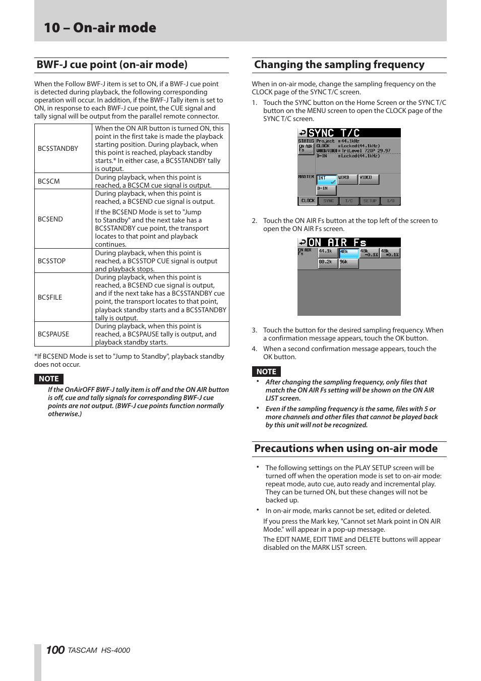 Bwf-j cue point (on-air mode), Changing the sampling frequency, Precautions when using on-air mode | 10 – on-air mode | Teac HS-4000 User Manual | Page 100 / 152