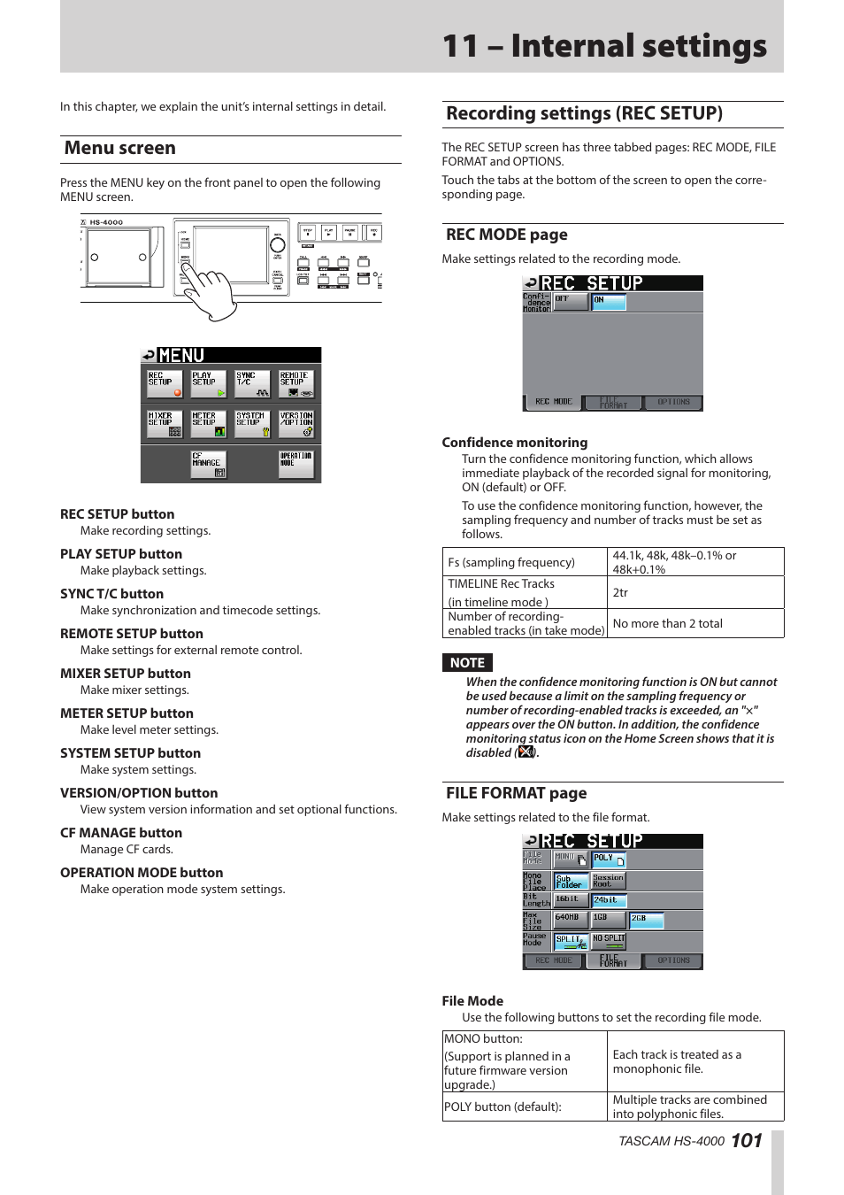 11 – internal settings, Menu screen, Recording settings (rec setup) | Menu screen recording settings (rec setup), See “file, Rec mode page, File format page | Teac HS-4000 User Manual | Page 101 / 152