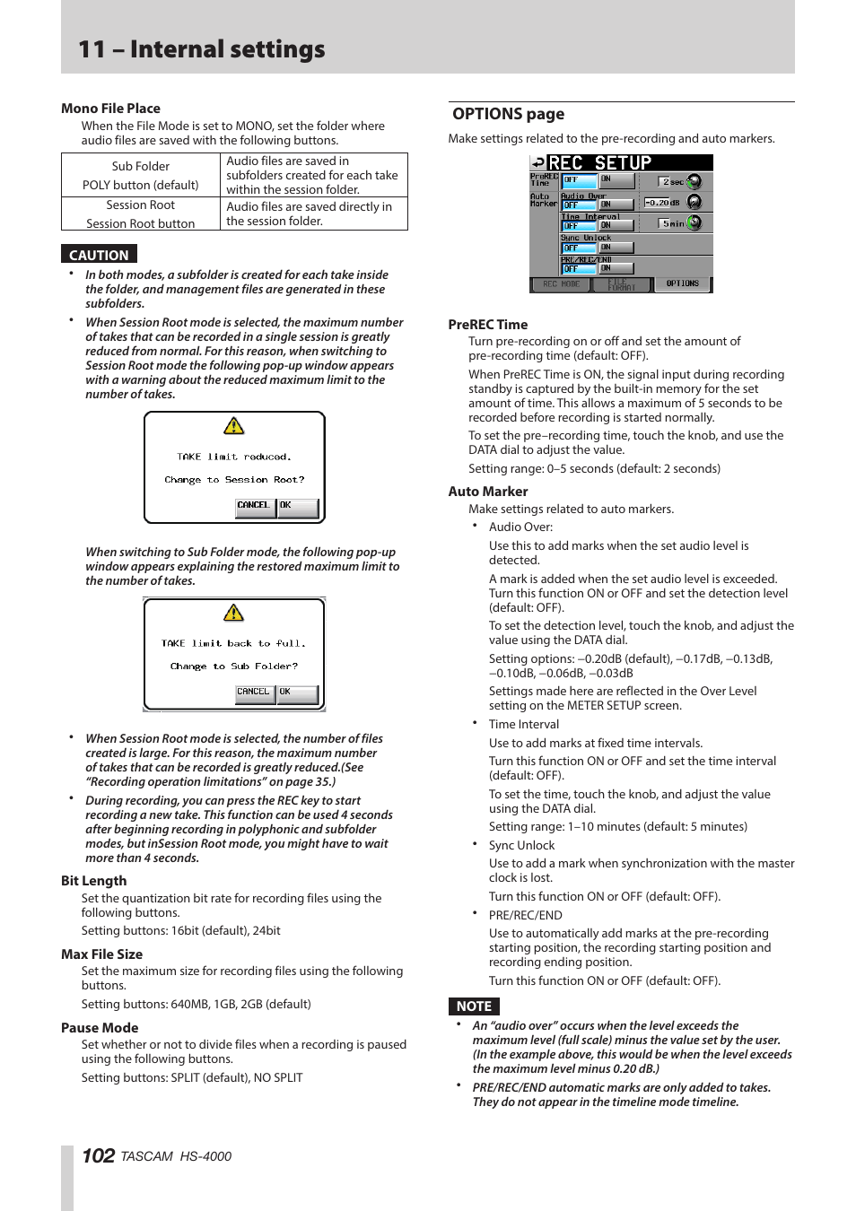 11 – internal settings, Options page | Teac HS-4000 User Manual | Page 102 / 152