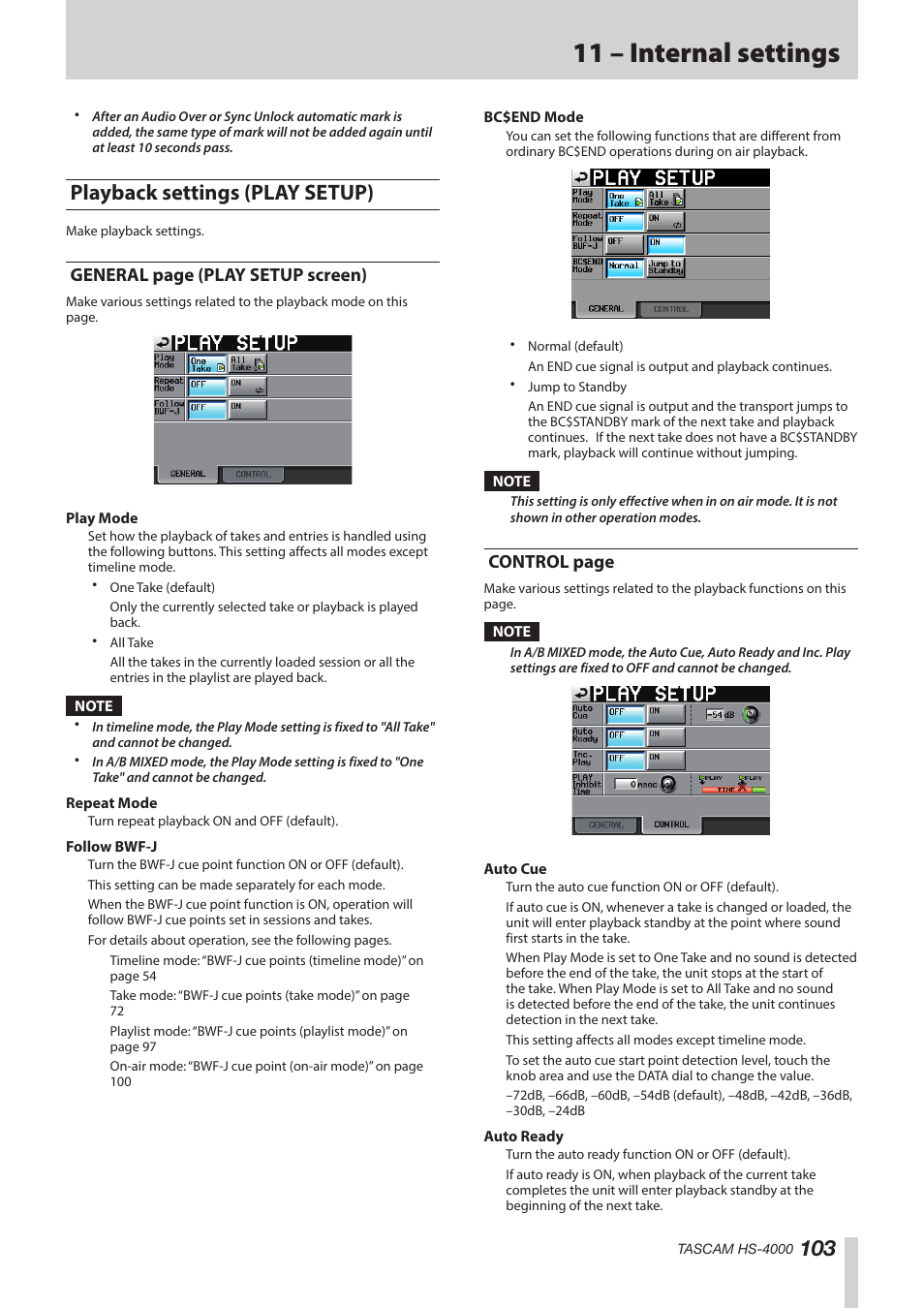 Playback settings (play setup), 11 – internal settings, General page (play setup screen) | Control page | Teac HS-4000 User Manual | Page 103 / 152