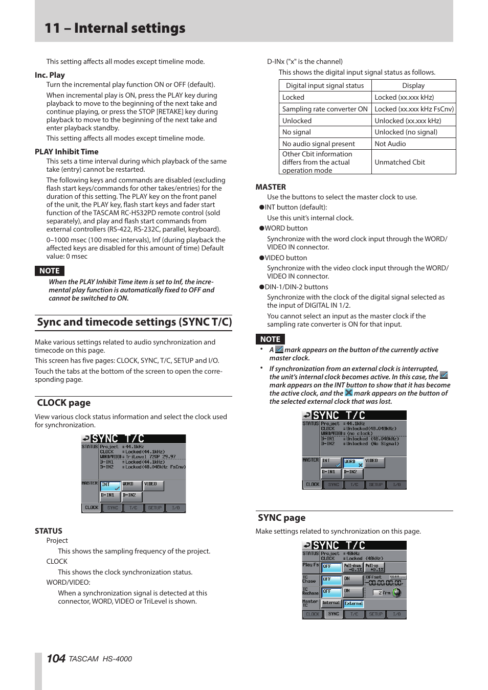 Sync and timecode settings (sync t/c), Een. (see “sync and, See “sync and timecode settings (sync t/c) | 11 – internal settings, Clock page, Sync page | Teac HS-4000 User Manual | Page 104 / 152