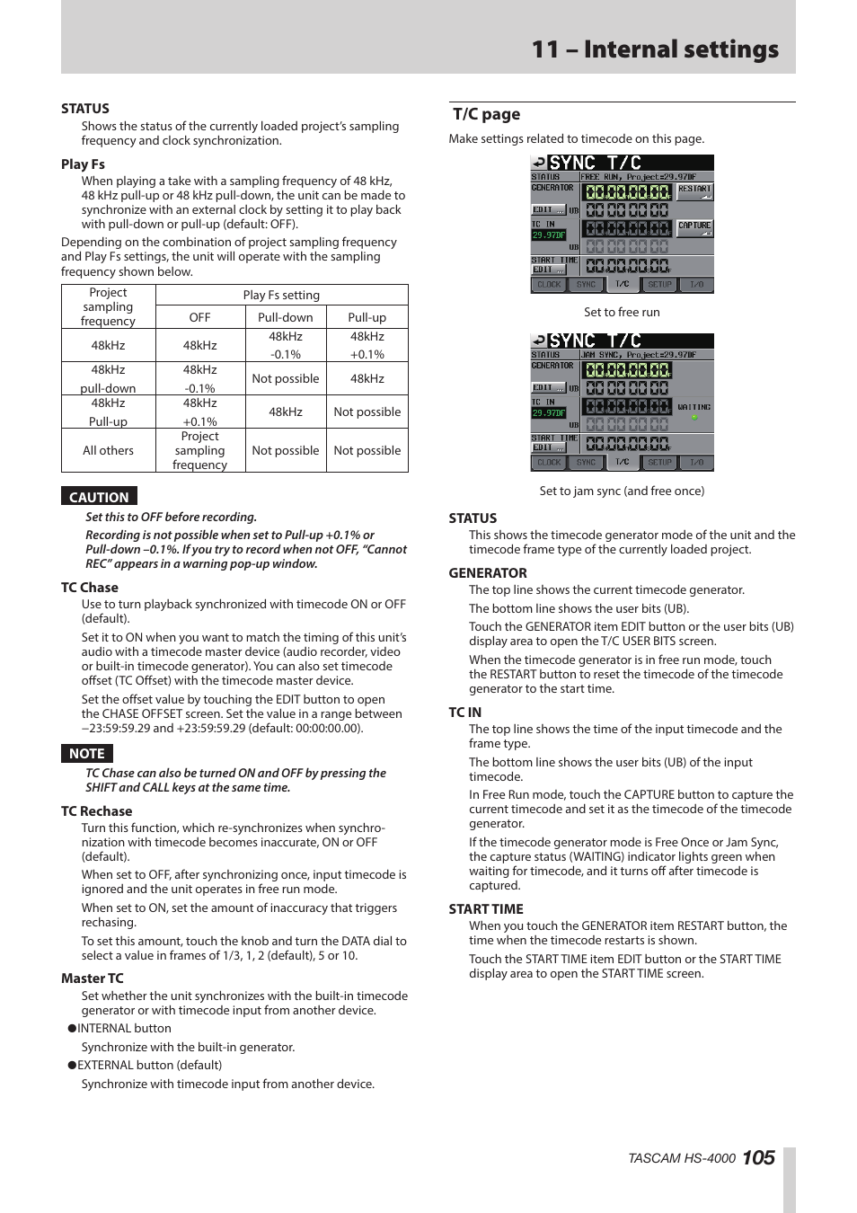 11 – internal settings, T/c page | Teac HS-4000 User Manual | Page 105 / 152