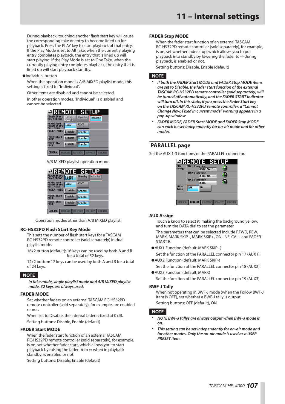 11 – internal settings, Parallel page | Teac HS-4000 User Manual | Page 107 / 152