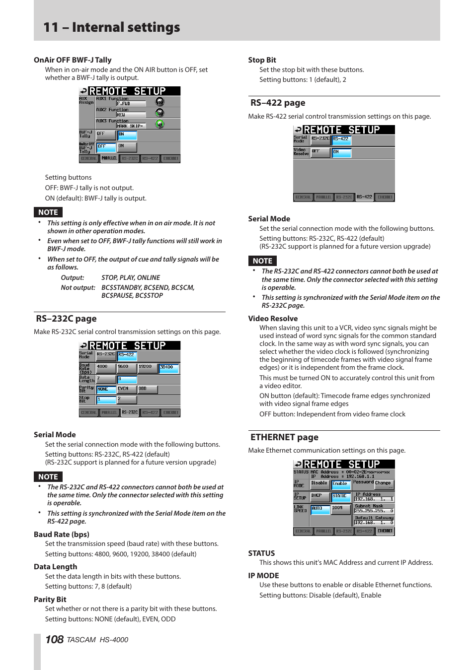 11 – internal settings, Rs–232c page, Rs–422 page | Ethernet page | Teac HS-4000 User Manual | Page 108 / 152