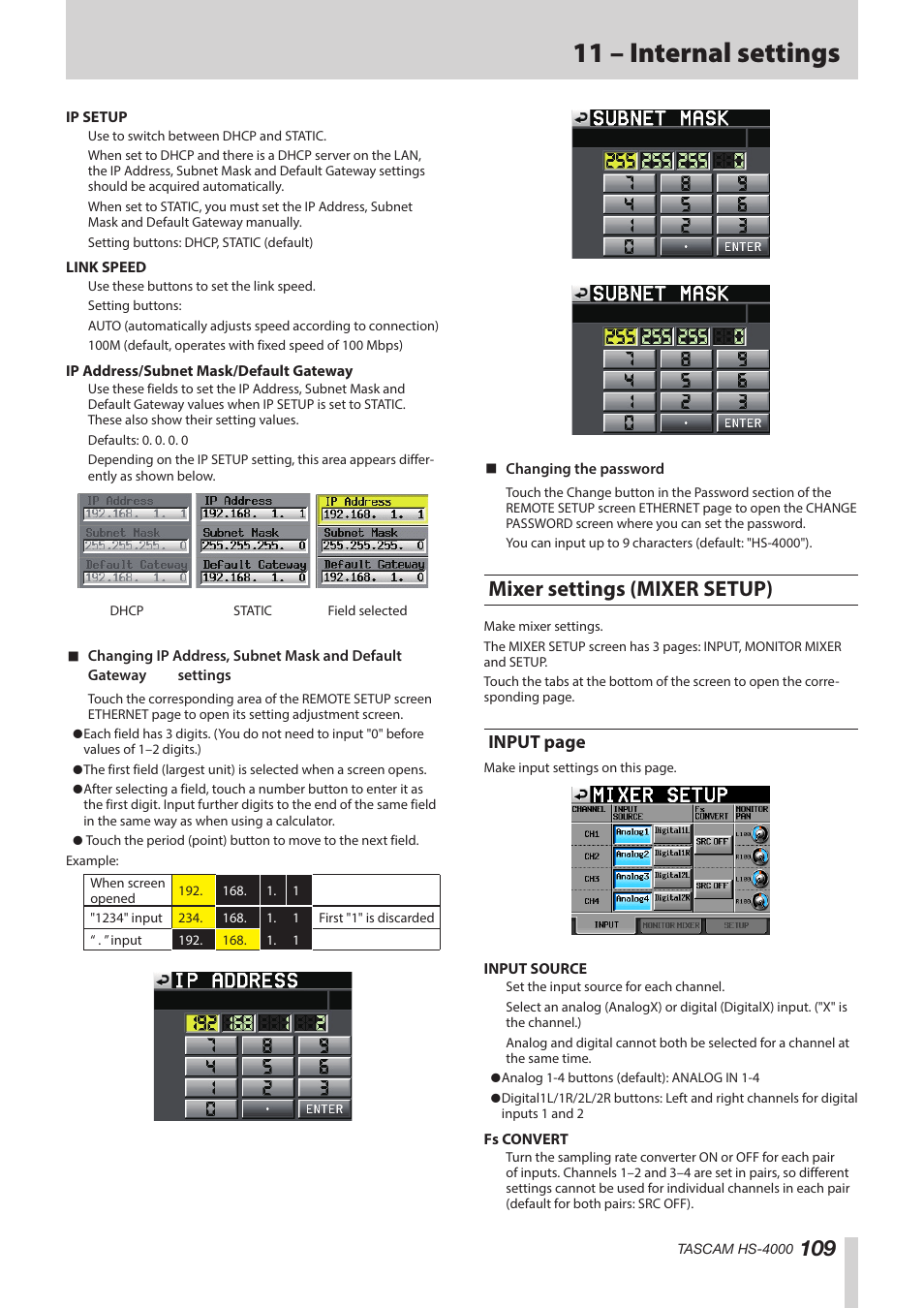 Mixer settings (mixer setup), 11 – internal settings, Input page | Teac HS-4000 User Manual | Page 109 / 152