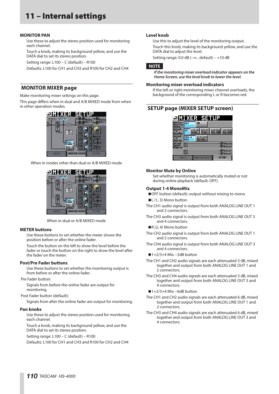 See “monitor mixer, 11 – internal settings, Monitor mixer page | Setup page (mixer setup screen) | Teac HS-4000 User Manual | Page 110 / 152