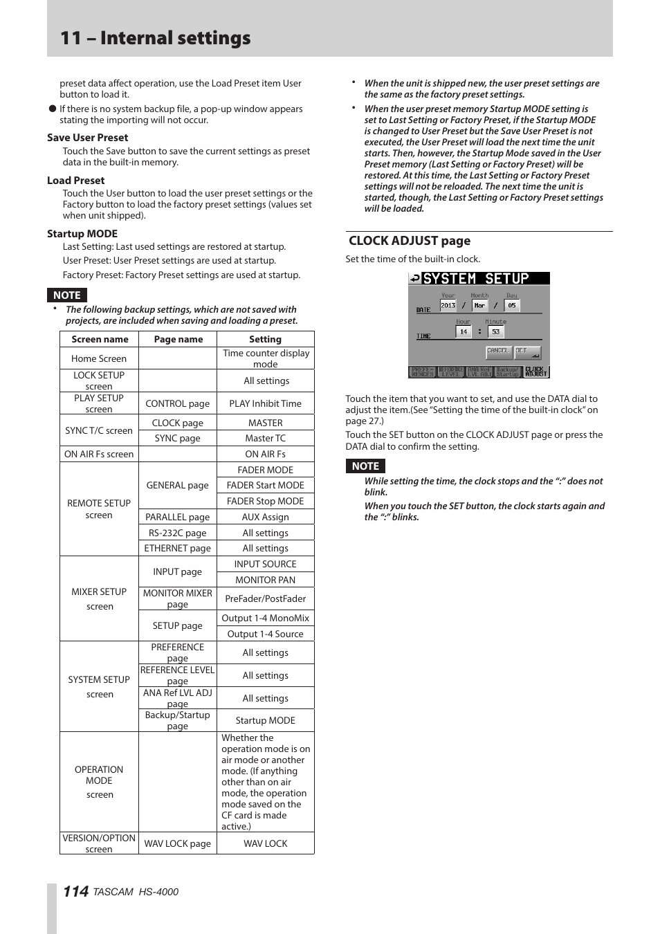 11 – internal settings, Clock adjust page | Teac HS-4000 User Manual | Page 114 / 152