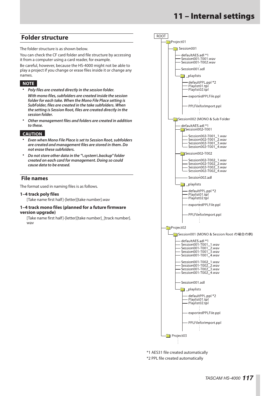 Folder structure, File names, 11 – internal settings | Teac HS-4000 User Manual | Page 117 / 152