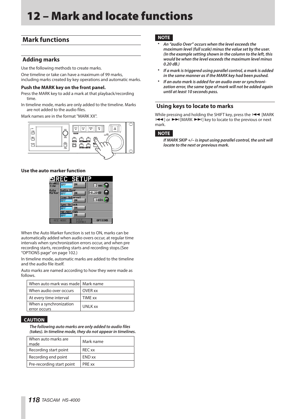 12 – mark and locate functions, Mark functions, Adding marks | Using keys to locate to marks, Adding marks using keys to locate to marks | Teac HS-4000 User Manual | Page 118 / 152