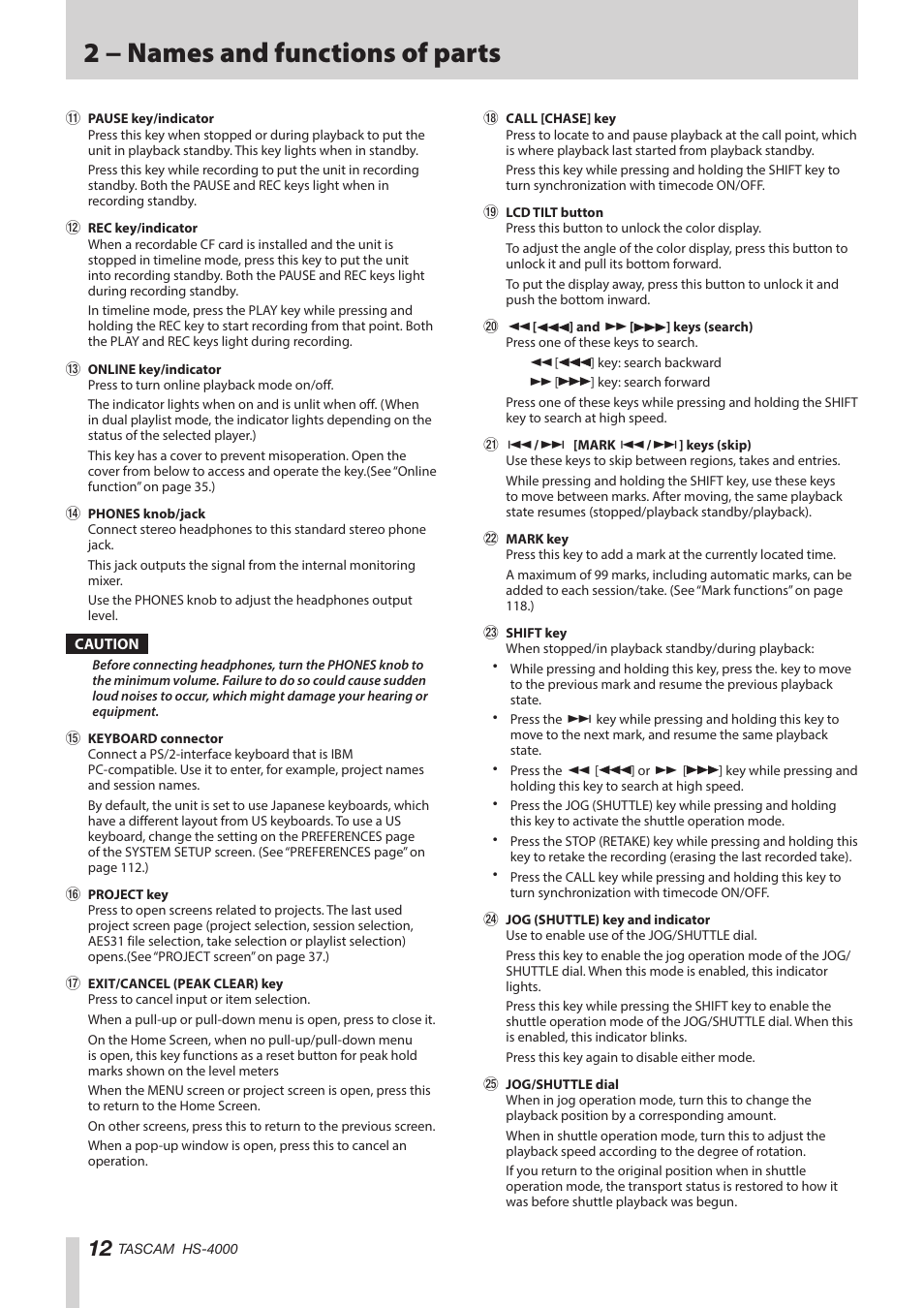 2 − names and functions of parts | Teac HS-4000 User Manual | Page 12 / 152