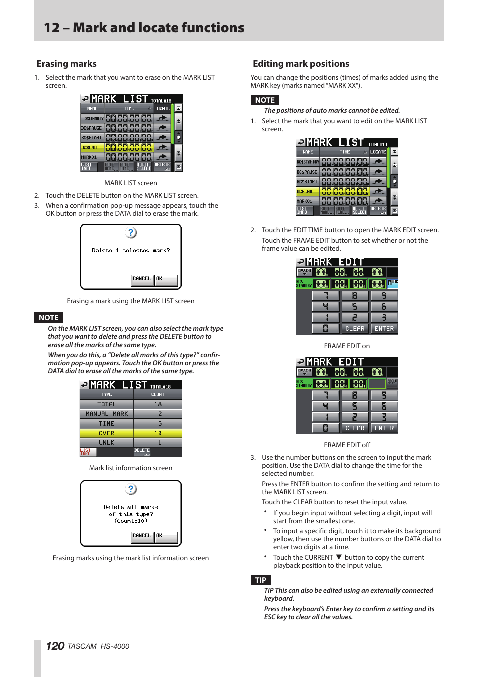 Erasing marks, Editing mark positions, Erasing marks editing mark positions | 12 – mark and locate functions | Teac HS-4000 User Manual | Page 120 / 152