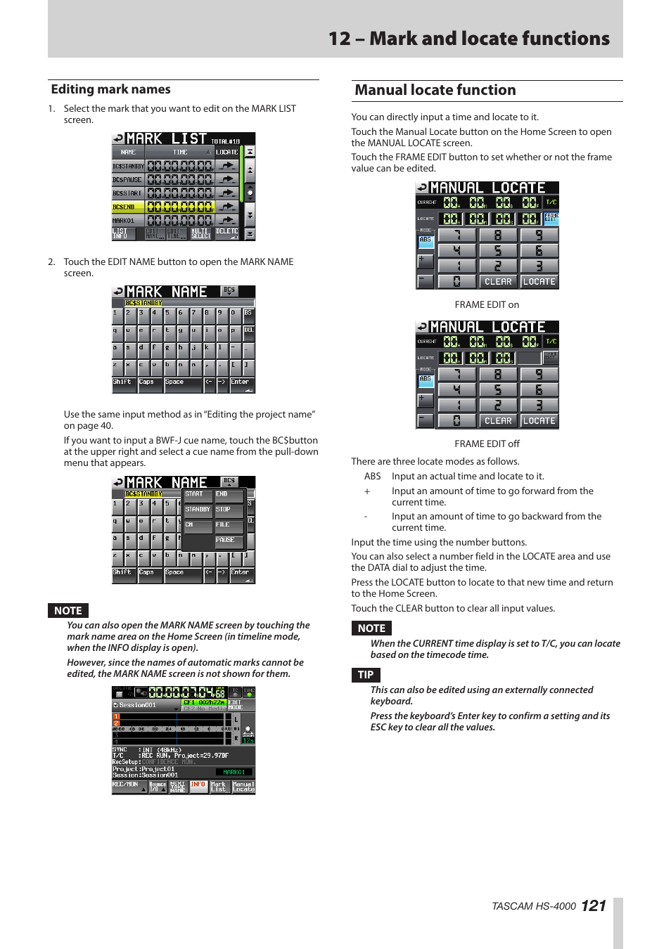 Editing mark names, Manual locate function, Een. (see | 12 – mark and locate functions | Teac HS-4000 User Manual | Page 121 / 152