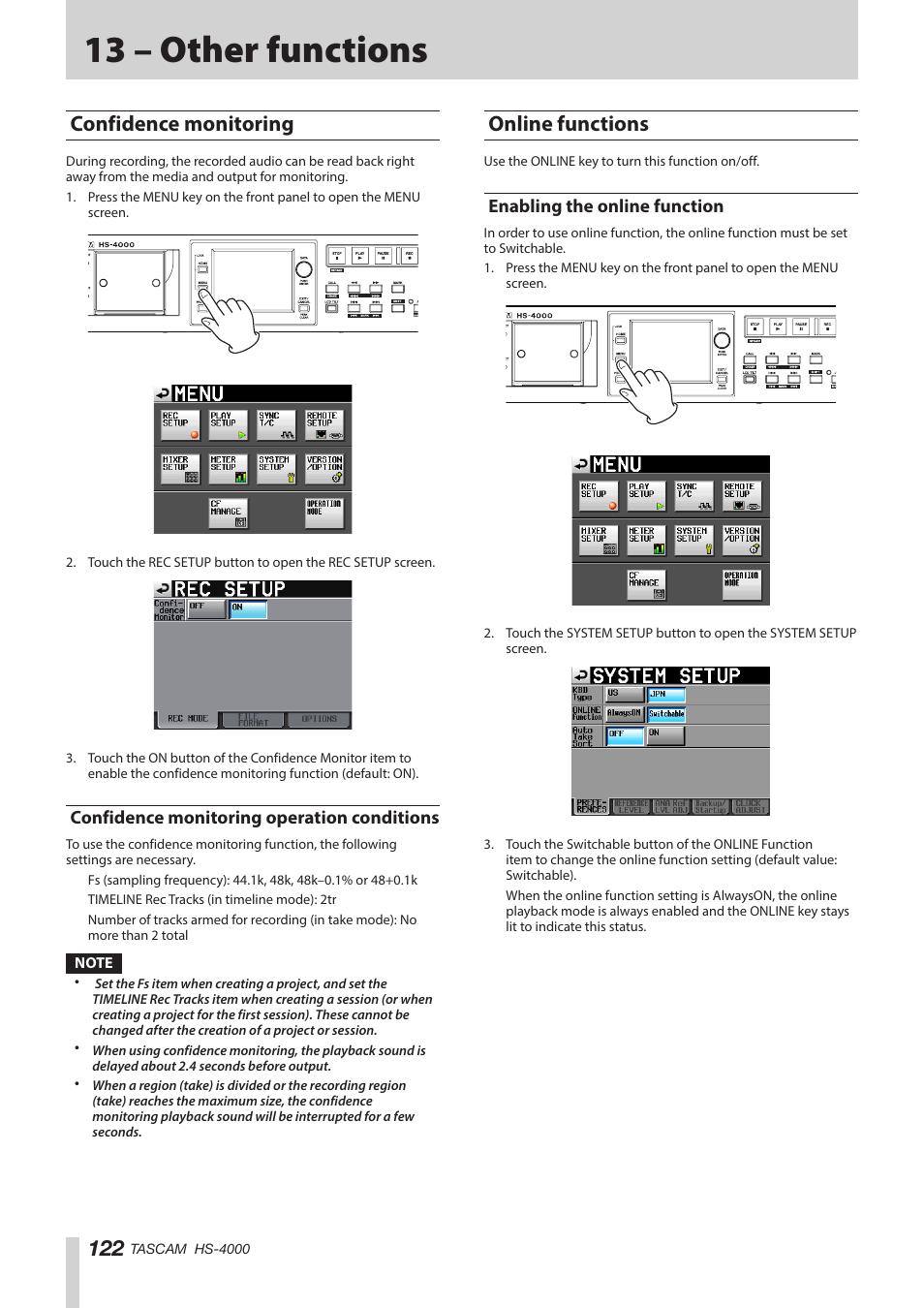 13 – other functions, Confidence monitoring, Confidence monitoring operation conditions | Online functions, Enabling the online function, Confidence monitoring operation, Conditions, See “confidence | Teac HS-4000 User Manual | Page 122 / 152