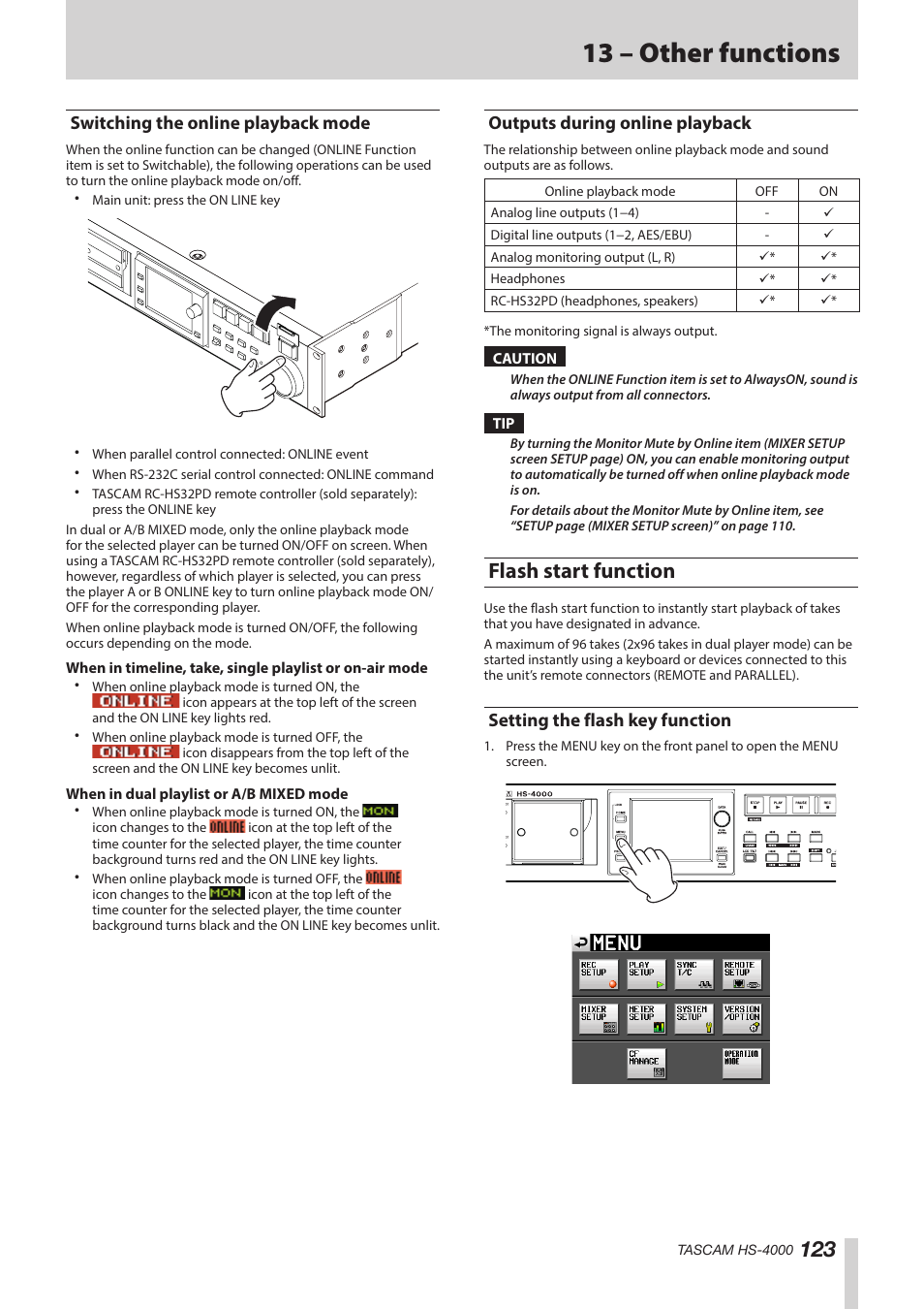 Switching the online playback mode, Outputs during online playback, Flash start function | Setting the flash key function, 13 – other functions | Teac HS-4000 User Manual | Page 123 / 152