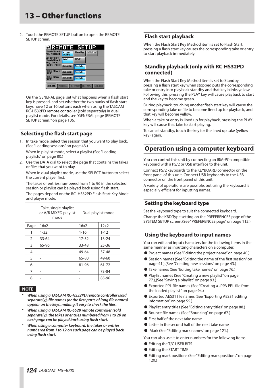 Flash start playback, Standby playback (only with rc-hs32pd connected), Operation using a computer keyboard | Setting the keyboard type, Using the keyboard to input names, Connected), 13 – other functions, Selecting the flash start page | Teac HS-4000 User Manual | Page 124 / 152