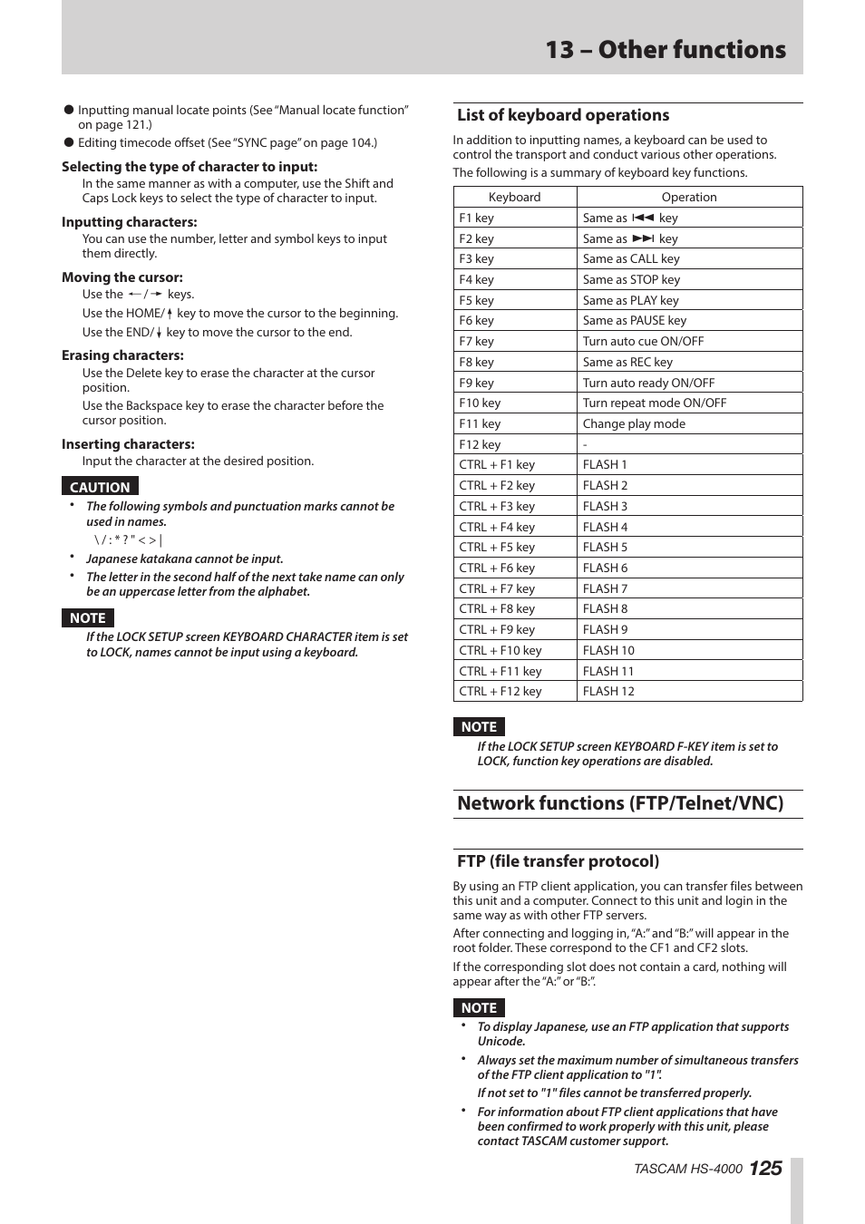 List of keyboard operations, Network functions (ftp/telnet/vnc), Ftp (file transfer protocol) | 13 – other functions | Teac HS-4000 User Manual | Page 125 / 152