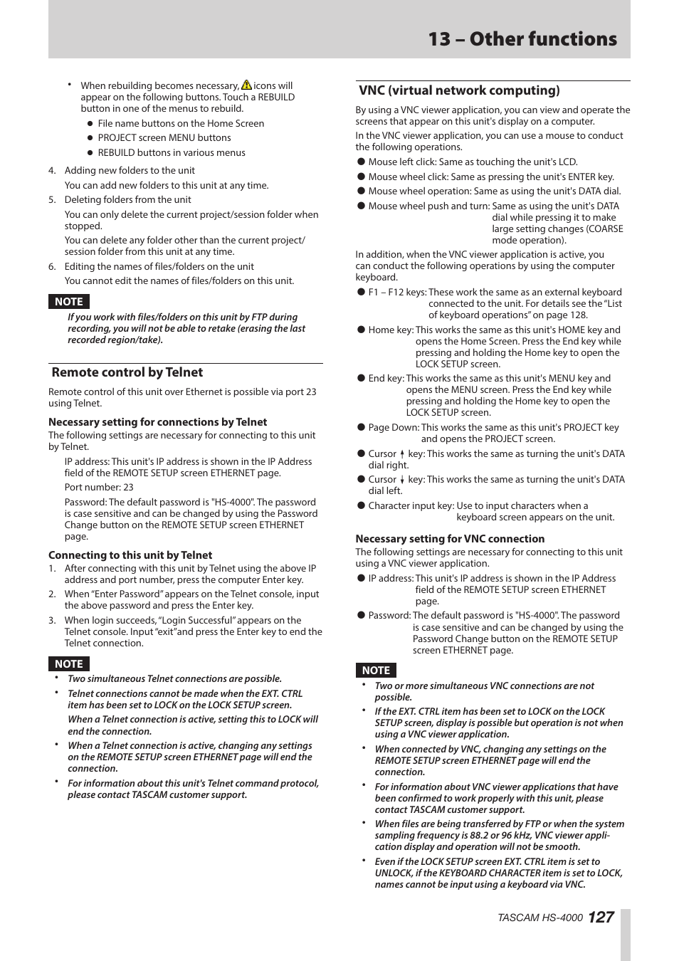 Remote control by telnet, Vnc (virtual network computing), 13 – other functions | Teac HS-4000 User Manual | Page 127 / 152