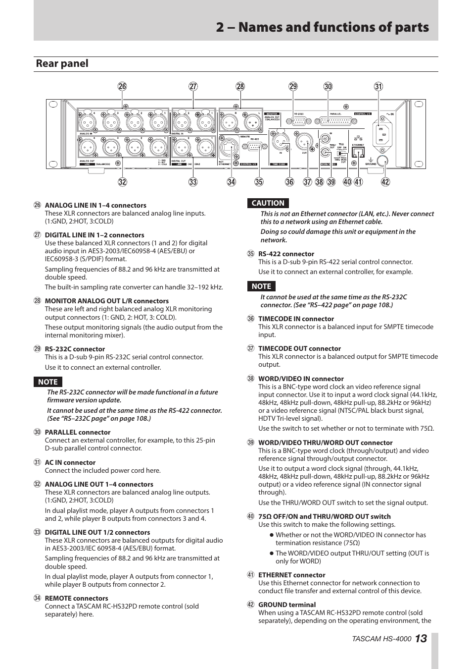 Rear panel, 2 − names and functions of parts | Teac HS-4000 User Manual | Page 13 / 152