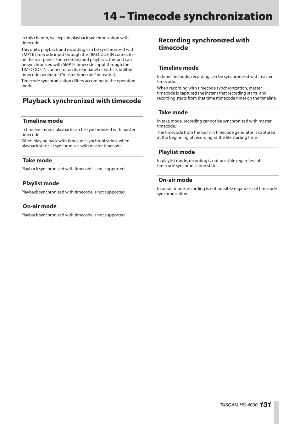 14 – timecode synchronization, Playback synchronized with timecode, Timeline mode | Take mode, Playlist mode, On-air mode, Recording synchronized with timecode, Timeline mode take mode playlist mode on-air mode | Teac HS-4000 User Manual | Page 131 / 152