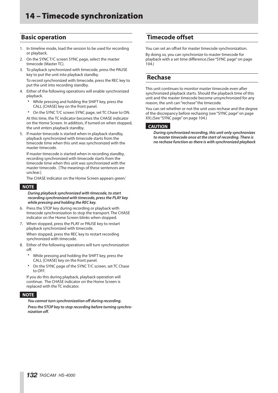 Basic operation, Timecode offset, Rechase | Basic operation timecode offset rechase, 14 – timecode synchronization | Teac HS-4000 User Manual | Page 132 / 152