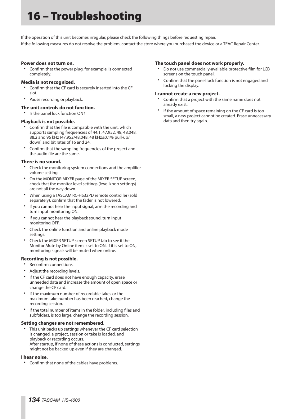 16 – troubleshooting | Teac HS-4000 User Manual | Page 134 / 152