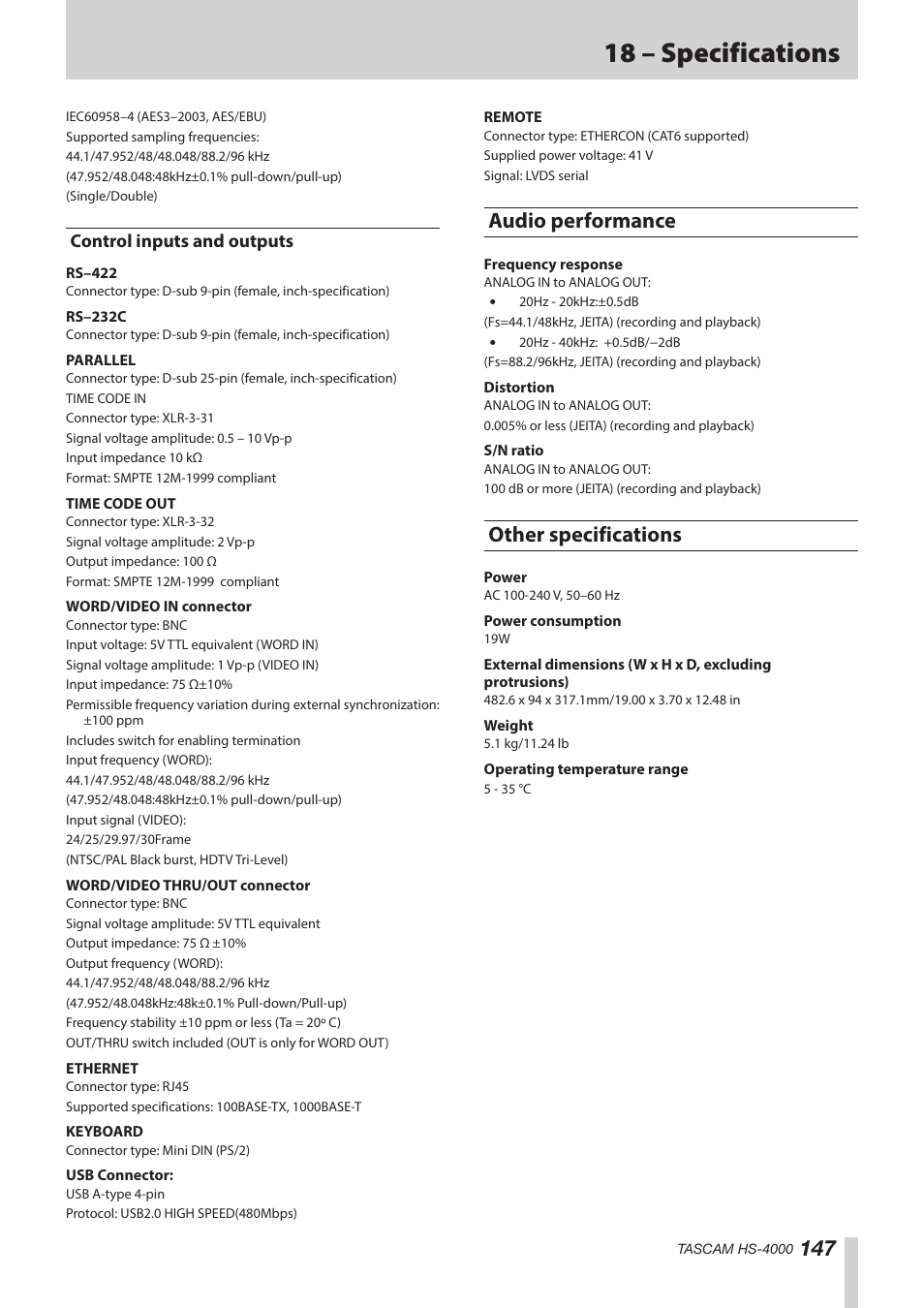 Control inputs and outputs, Audio performance, Other specifications | Audio performance other specifications, 18 – specifications | Teac HS-4000 User Manual | Page 147 / 152