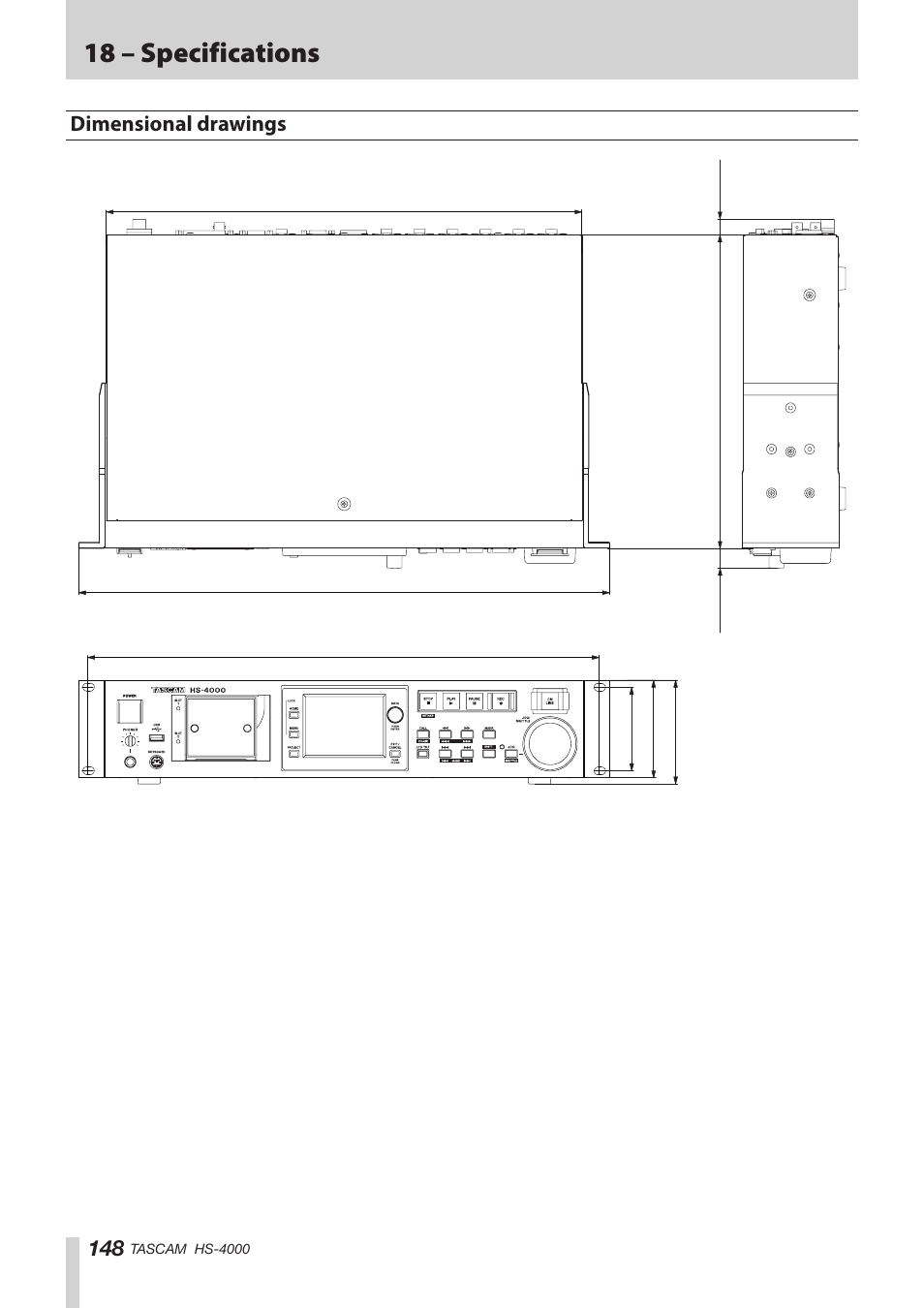 Dimensional drawings, 18 – specifications | Teac HS-4000 User Manual | Page 148 / 152