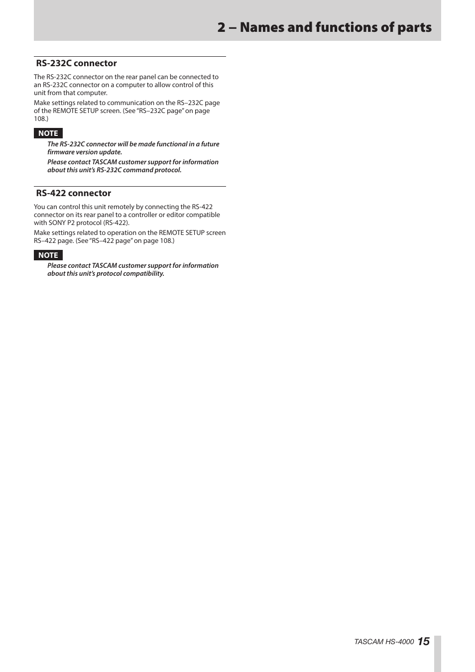 Rs-232c connector, Rs-422 connector, Rs-232c connector rs-422 connector | 2 − names and functions of parts | Teac HS-4000 User Manual | Page 15 / 152