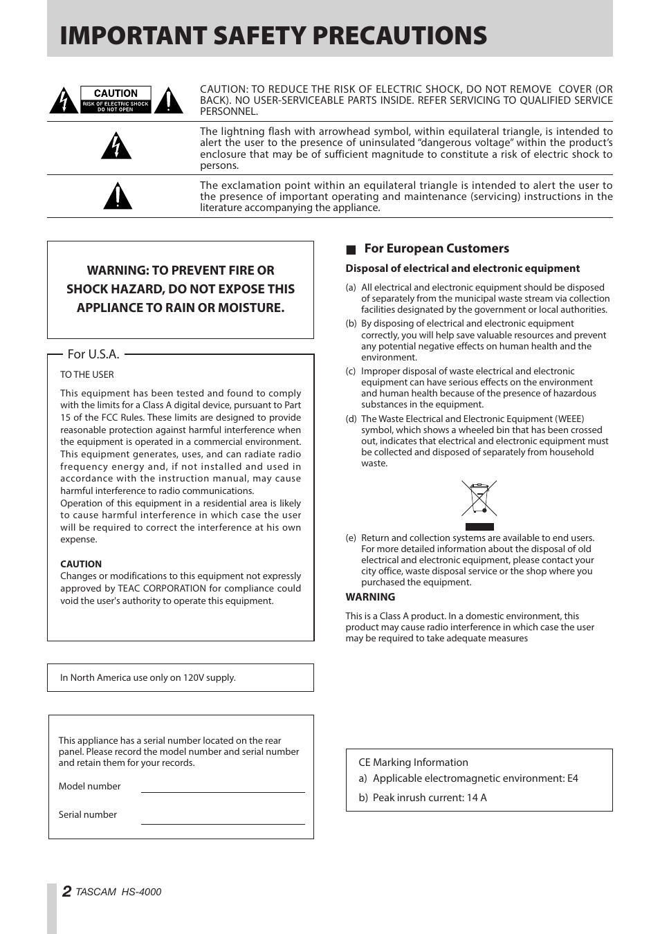 Important safety precautions | Teac HS-4000 User Manual | Page 2 / 152
