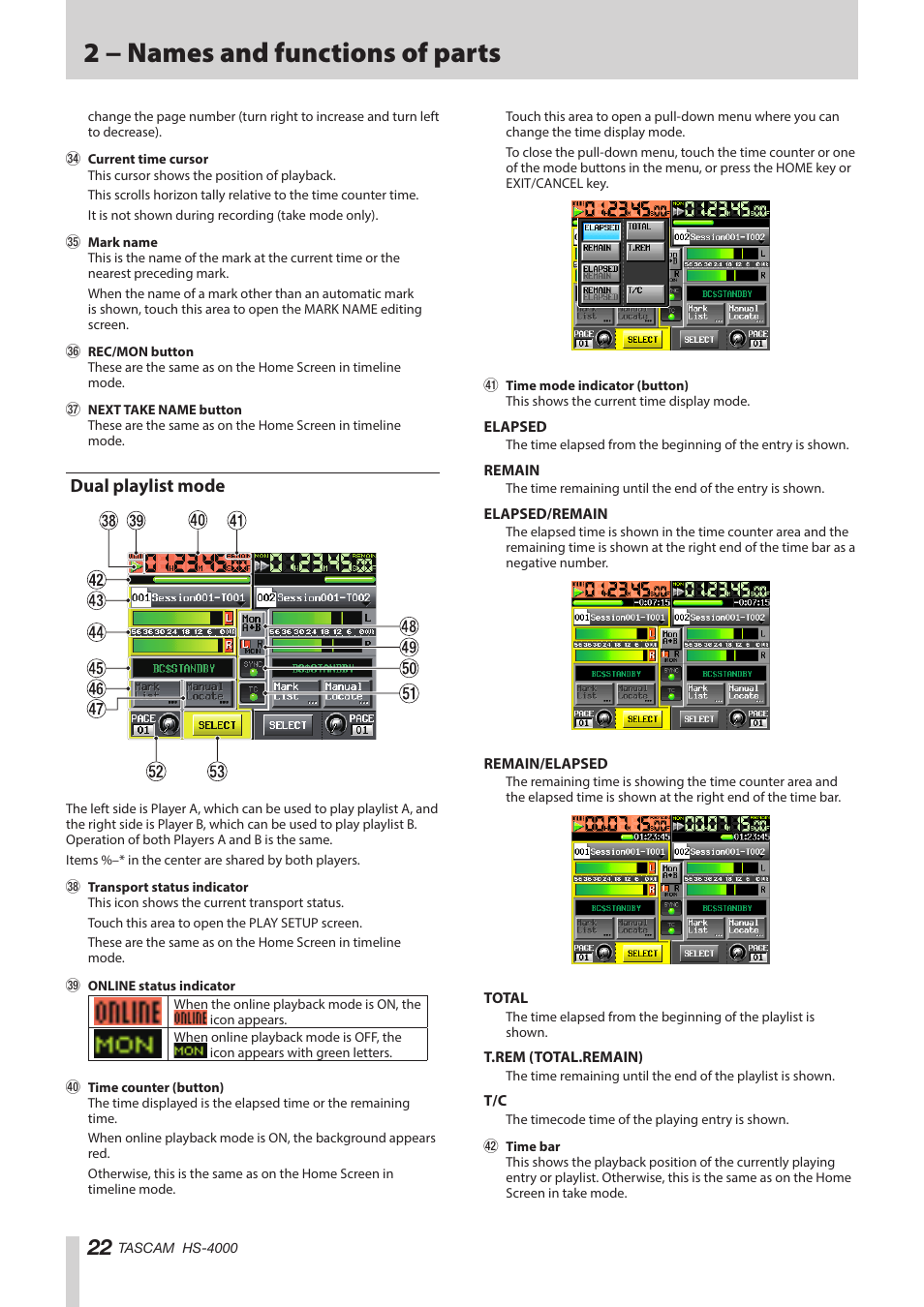 Dual playlist mode, 2 − names and functions of parts | Teac HS-4000 User Manual | Page 22 / 152