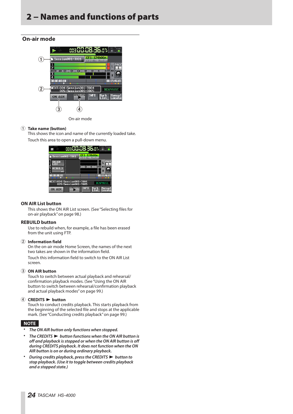 On-air mode, 2 − names and functions of parts | Teac HS-4000 User Manual | Page 24 / 152