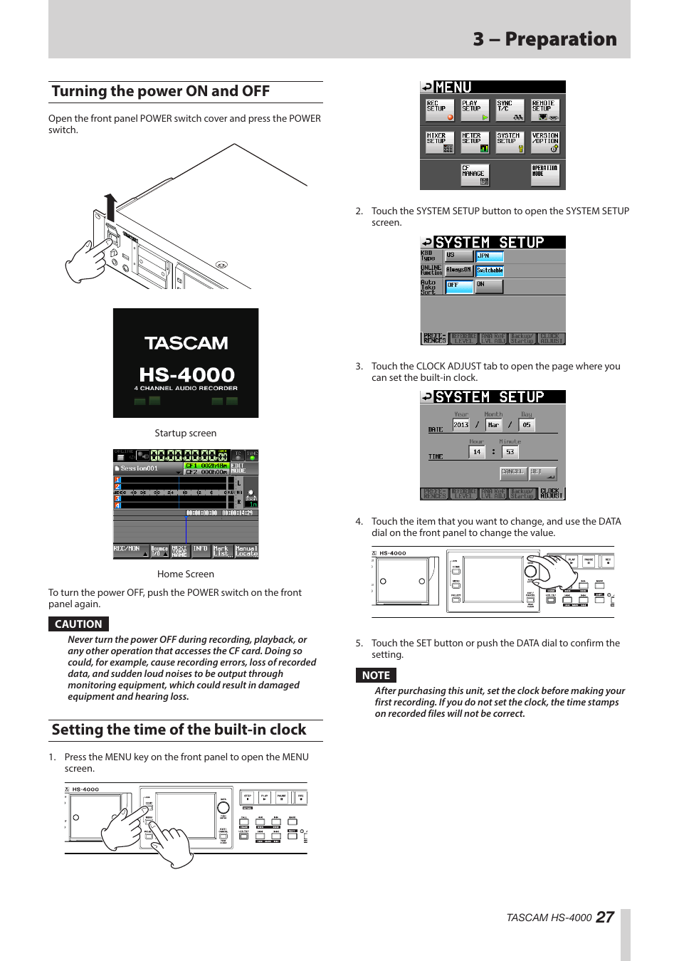 Turning the power on and off, Setting the time of the built-in clock, 3 − preparation | Teac HS-4000 User Manual | Page 27 / 152