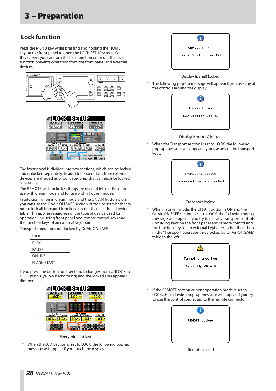 Lock function, Een.(see “lock function” on, 3 − preparation | Teac HS-4000 User Manual | Page 28 / 152