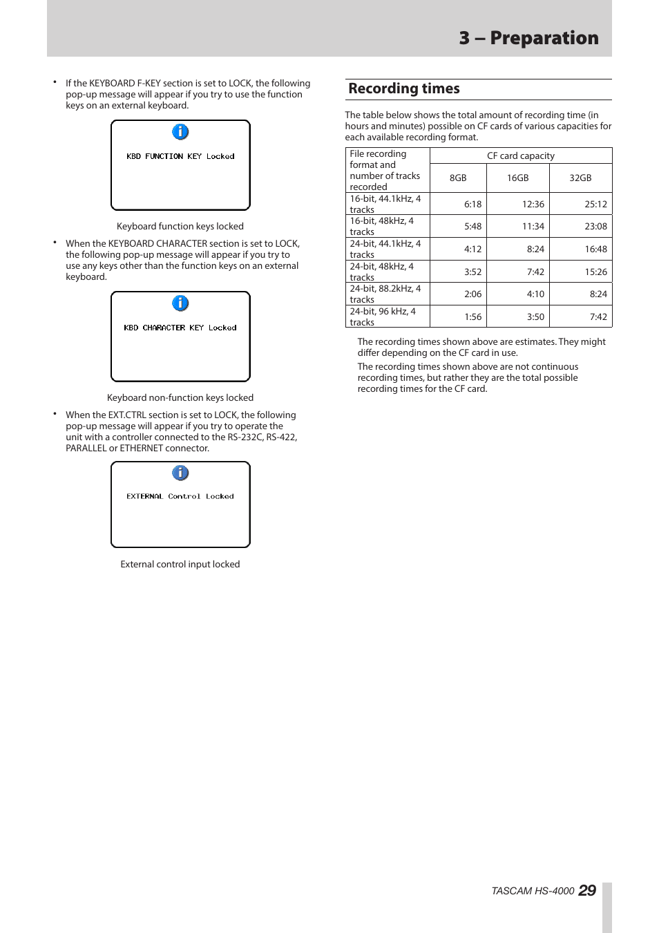 Recording times, 3 − preparation | Teac HS-4000 User Manual | Page 29 / 152