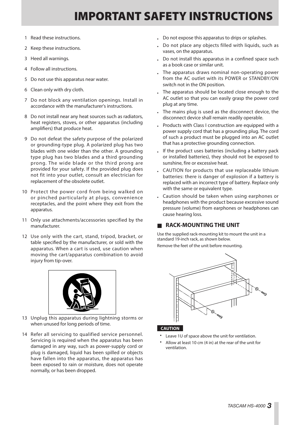 Important safety instructions | Teac HS-4000 User Manual | Page 3 / 152