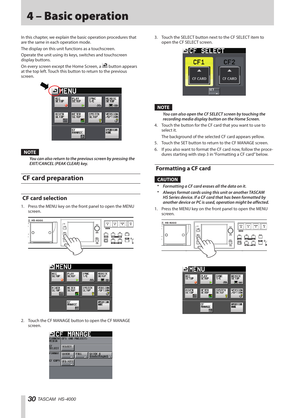 4 – basic operation, Cf card preparation, Cf card selection | Formatting a cf card, Cf card selection formatting a cf card, Een.(see “cf card | Teac HS-4000 User Manual | Page 30 / 152