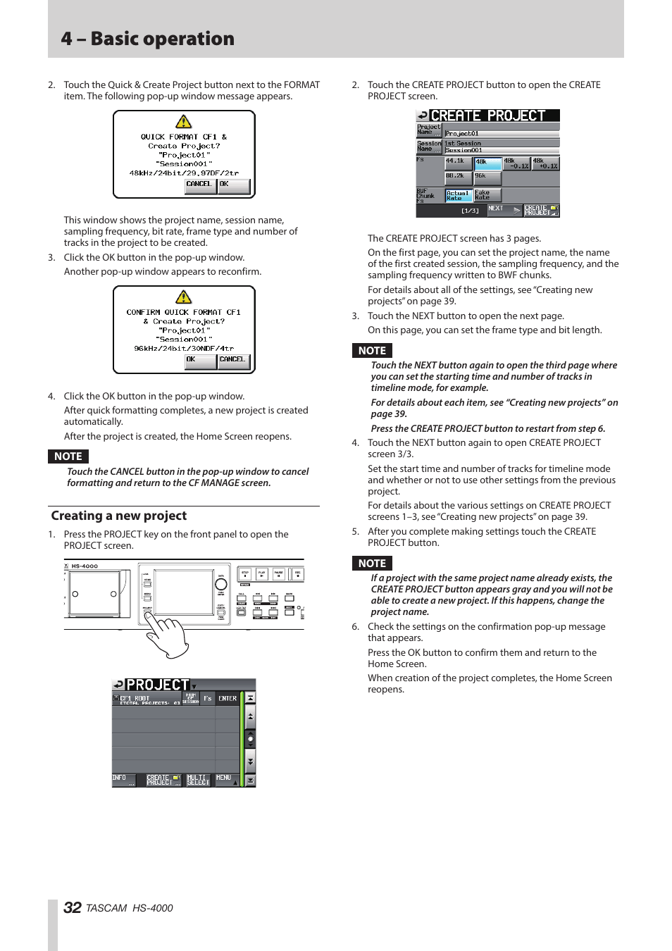 Creating a new project, 4 – basic operation | Teac HS-4000 User Manual | Page 32 / 152