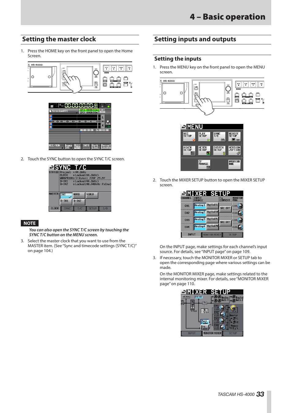 Setting the master clock, Setting inputs and outputs, Setting the inputs | 4 – basic operation | Teac HS-4000 User Manual | Page 33 / 152