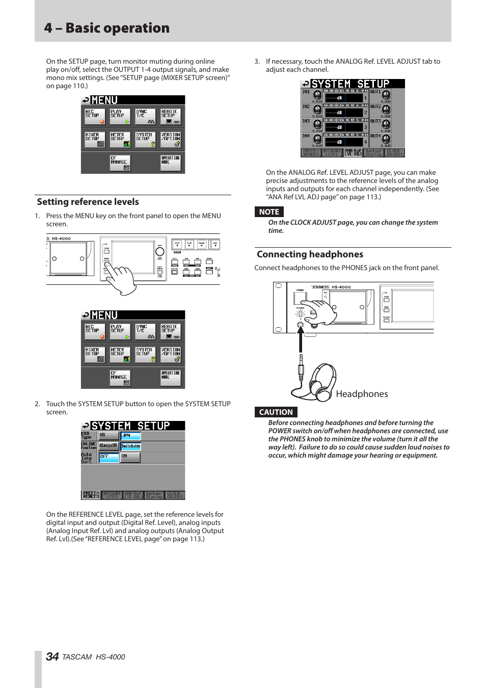 Setting reference levels, Connecting headphones, 4 – basic operation | Headphones | Teac HS-4000 User Manual | Page 34 / 152